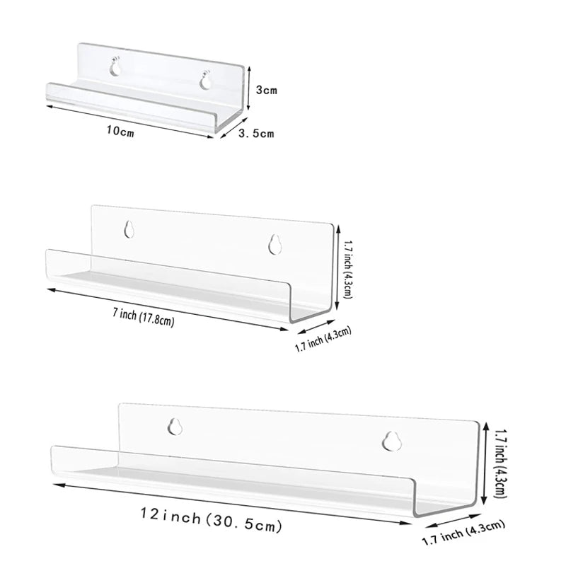 Clear acrylic wall ledge holding displayed items