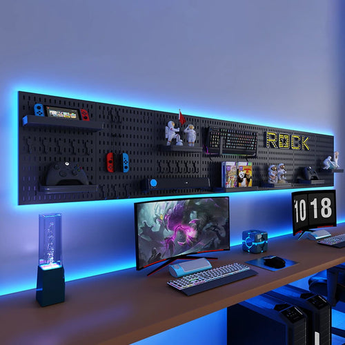 White pegboard panel mounted without drilling, styled with shelves and holders; accessories shown are sold separately and not included