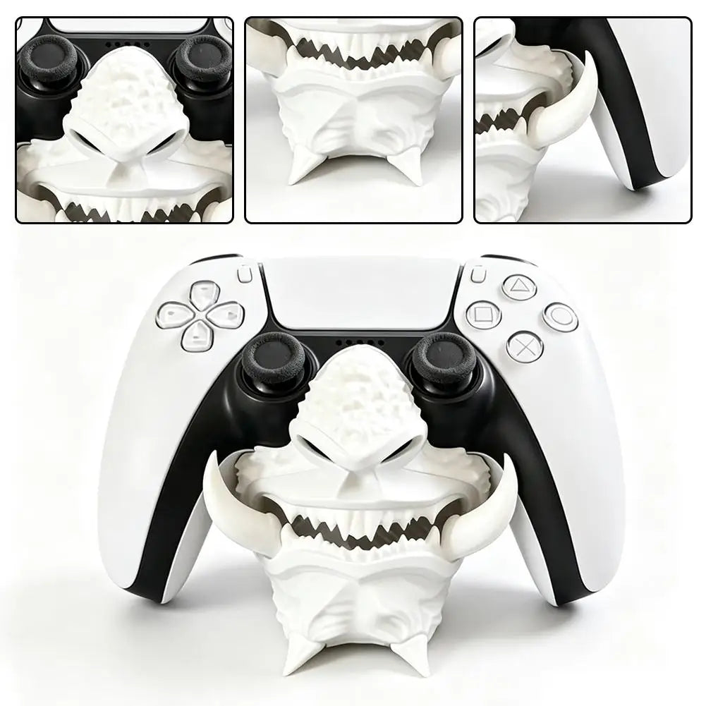 Bone-white 3D-printed oni mask stand holding a PS5 DualSense controller on a home gaming desk